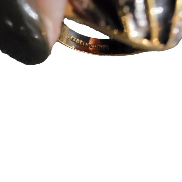 Vintage Black Enamel Clear‎ Rhinestone Striped Dome Gold Bubble Ring sz 7 - Picture 5 of 5